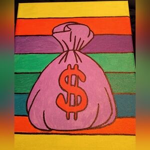 Handpainted Purple Money Bag Acrylic Painting On Canvas Wall Decor 8x10"